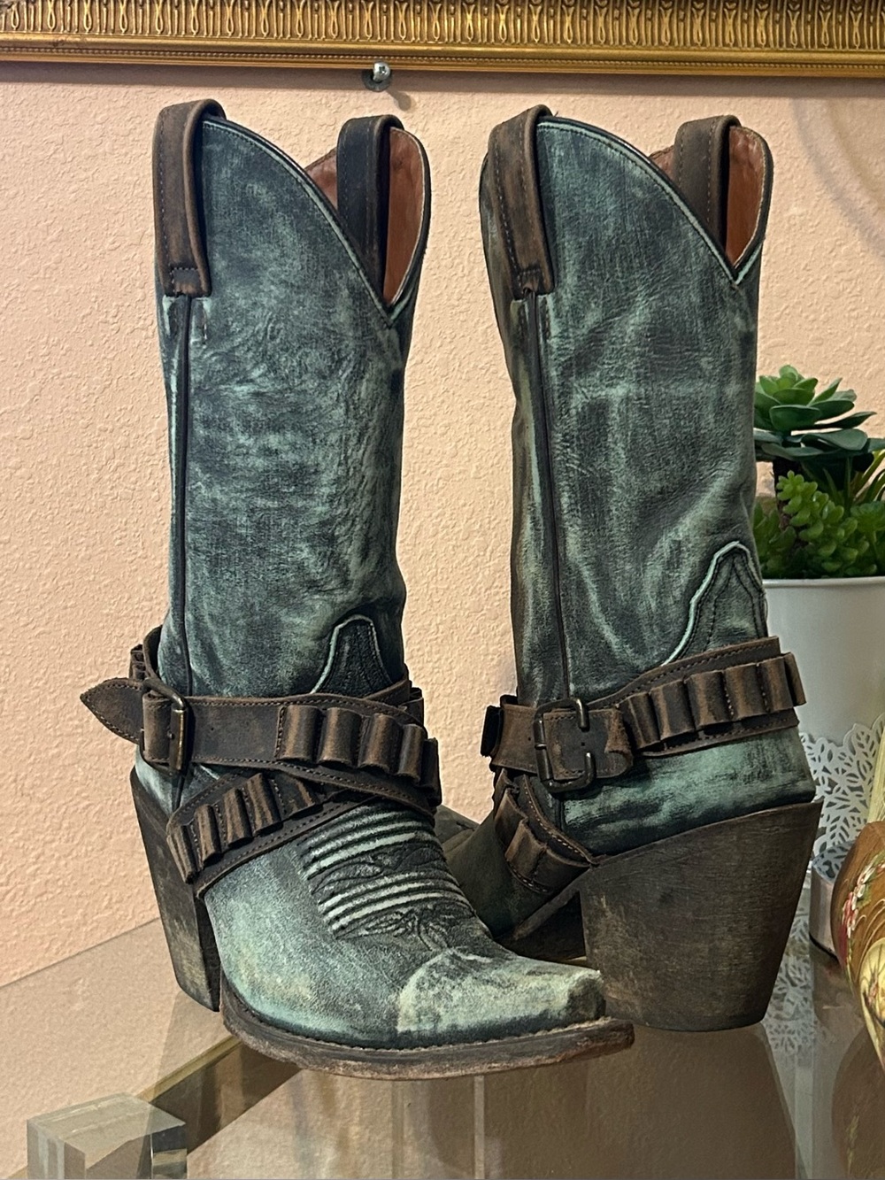 Colt Ford Antique Distressed Teal Western Heeled Boots Size 5.5